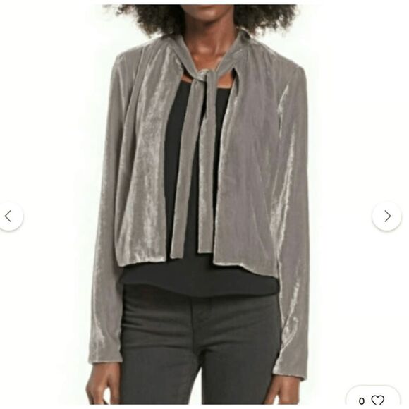 WAYF Taupe Crushed Velvet Tie-Neck Cropped Blouse Jacket Small - Picture 10 of 10